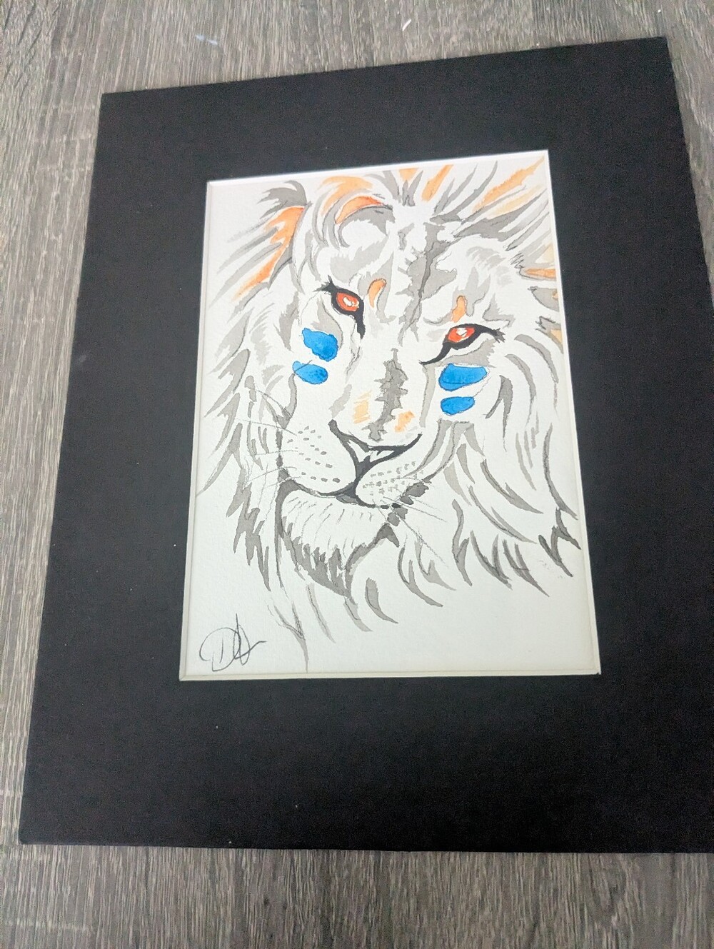 Framed Lion Watercolor Original with Blue Accents